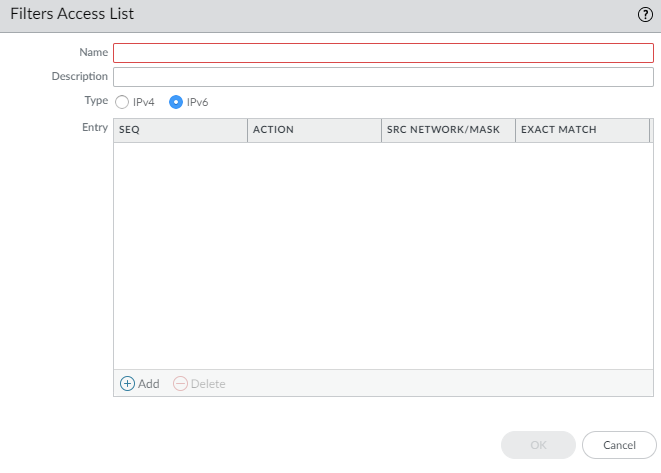 Access List configuration for IPv6 entry.